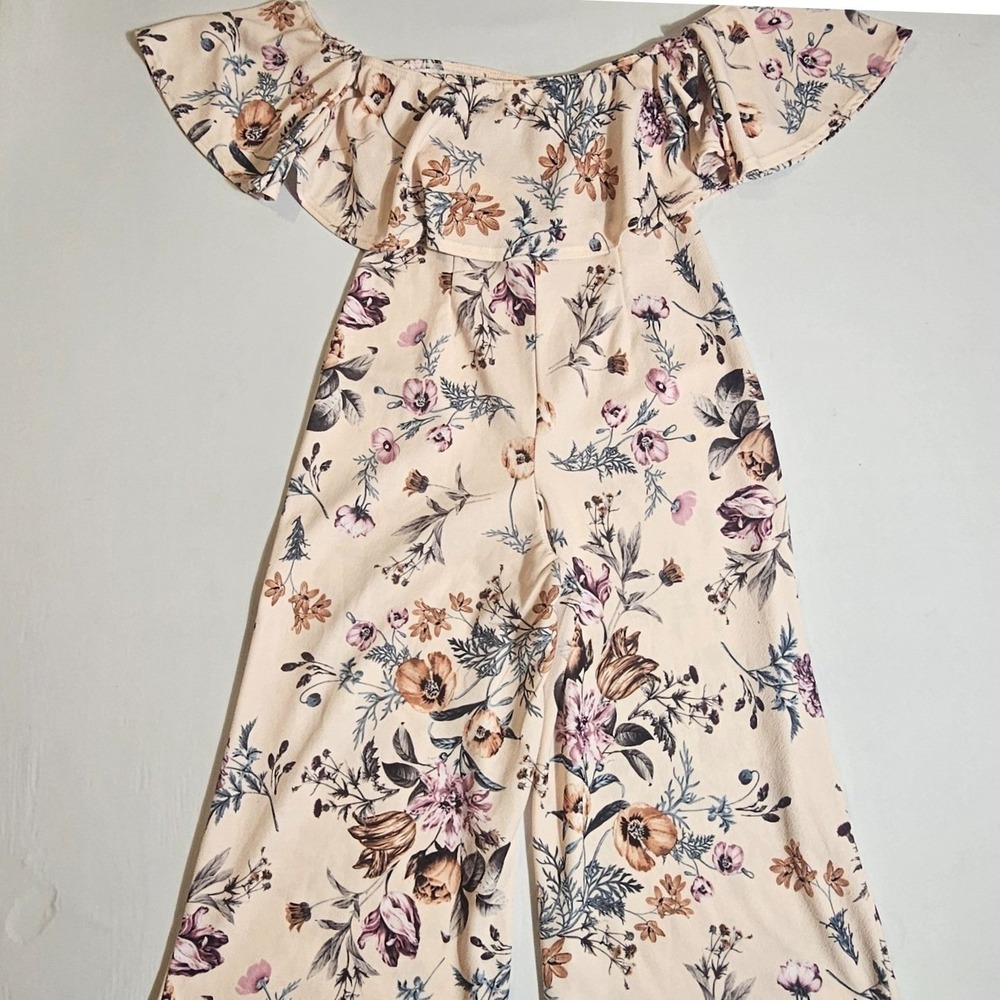 Boohoo Cottagecore Coquette Floral Off Shoulder Wide Leg Jumpsuit Beige 10